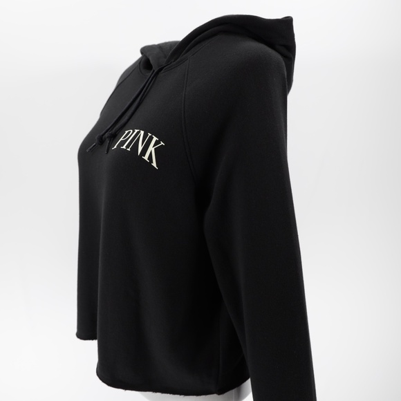 Pink Women's Raw Edge Hem Cropped Everyday Fleece Pullover Hoodie Black Size L - Picture 7 of 8